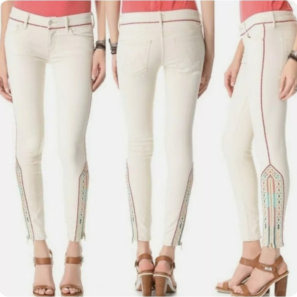 Mother | The Looker Ankle Zip Barefoot Princess Embroidered Colorful Trim Skinny